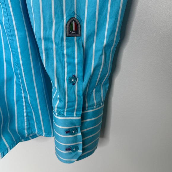 Wam Denim Sea Ray Blue/White Striped Button Front Shirt - Picture 3 of 13